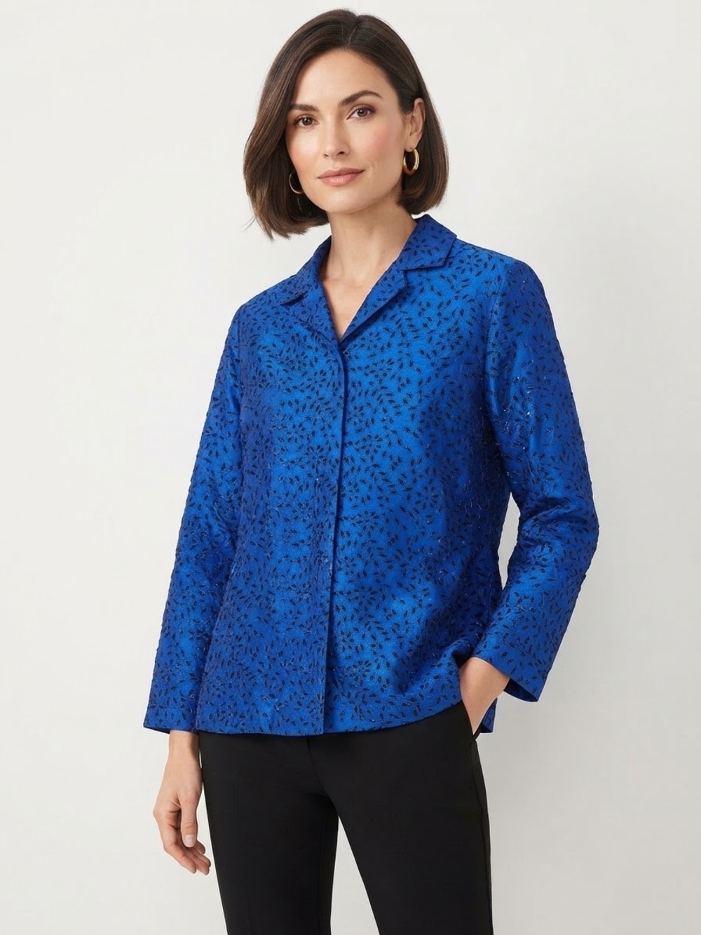 Chico's Design Blue Silk Embroidered Art To Wear Button Front Jacket Size 2 Larg